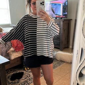 Mock neck black and white contrast top